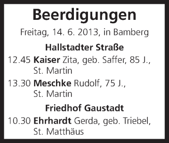 Anzeige von Beerdigungen vom 14.06.2013 von MGO