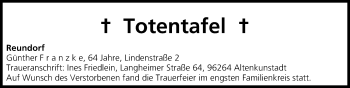 Anzeige von Totentafel vom 15.06.2013 von MGO