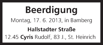 Anzeige von Beerdigung vom 17.06.2013 von MGO