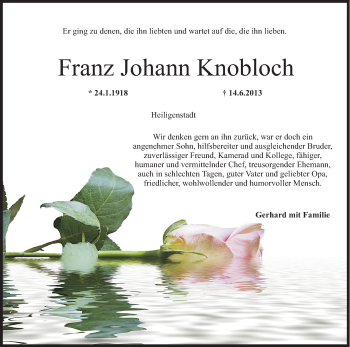 Anzeige von Franz Johann Knobloch von MGO