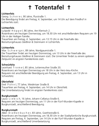 Anzeige von Totentafel vom 03.09.2015 von MGO