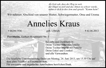 Anzeige von Annelies Kraus von MGO