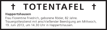 Anzeige von Totentafel vom 19.06.2013 von MGO