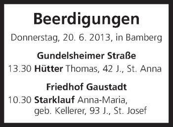 Anzeige von Beerdigungen vom 20.06.2013 von MGO