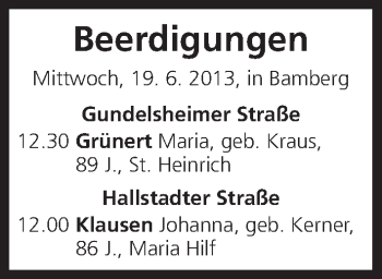 Anzeige von Beerdigungen vom 19.06.2013 von MGO