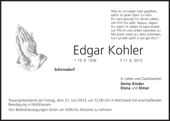 Anzeige von Edgar Kohler von MGO