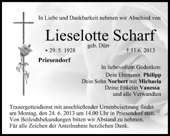 Anzeige von Lieselotte Scharf von MGO