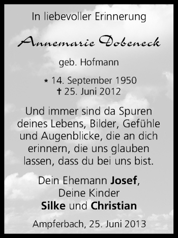 Anzeige von Annemarie Dobeneck von MGO
