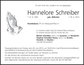 Anzeige von Hannelore Schreiber von MGO