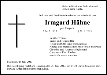 Anzeige von Irmgard Hähne von MGO