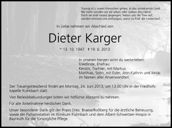 Anzeige von Dieter Karger von MGO