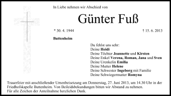 Anzeige von Günter Fuß von MGO