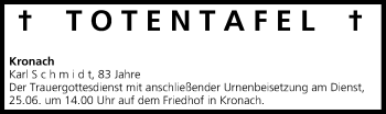 Anzeige von Totentafel vom 22.06.2013 von MGO