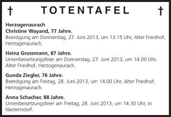 Anzeige von Totentafel 25.06.2013 von MGO
