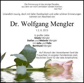 Anzeige von Wolfgang Mengler von MGO