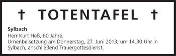 Anzeige von Totentafel vom 26.06.2013 von MGO