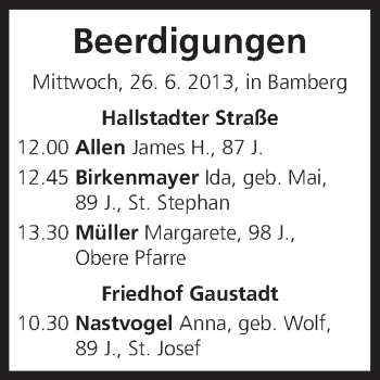 Anzeige von Beerdigungen vom 26.06.2013 von MGO