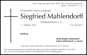 Anzeige von Siegfried Mahlendorff von MGO