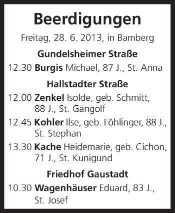 Anzeige von Beerdigung vom 28.06.2013 von MGO
