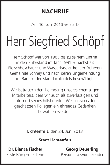 Anzeige von Siegfried Schöpf von MGO
