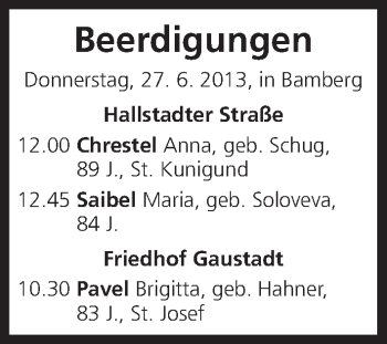 Anzeige von Beerdigungen vom 27.06.2013 von MGO