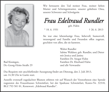 Anzeige von Edeltraud Rundler von MGO