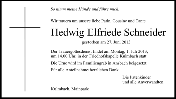 Anzeige von Hedwig Elfriede Schneider von MGO