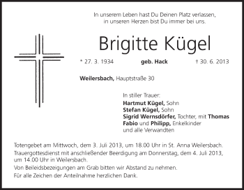 Anzeige von Brigitte Kügel von MGO
