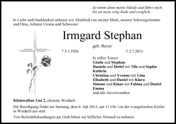 Anzeige von Irmgard Stephan von MGO