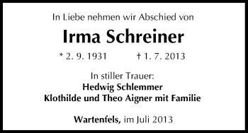 Anzeige von Irma Schreiner von MGO