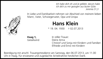 Anzeige von Hans Klein von MGO