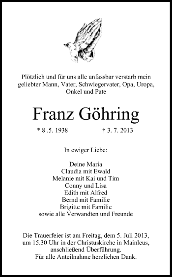 Anzeige von Franz Göhring von MGO