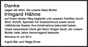 Anzeige von Irmgard Hähne von MGO