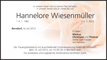 Anzeige von Hannelore Wiesenmüller von MGO