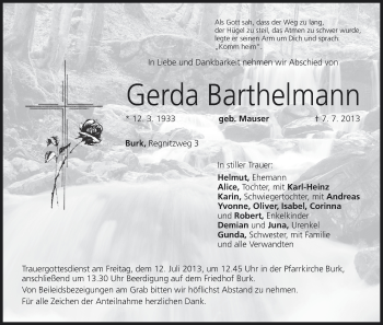 Anzeige von Gerda Barthelmann von MGO