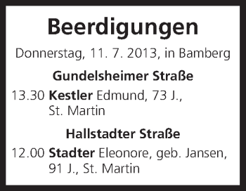 Anzeige von Beerdigungen vom 11.07.2013 von MGO