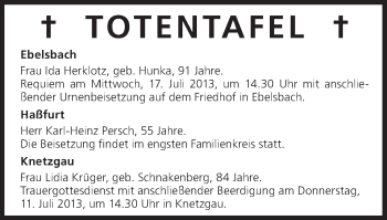 Anzeige von Totentafel vom 11.07.2013 von MGO