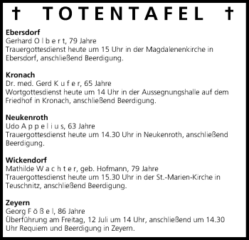 Anzeige von Totentafel vom 11.07.2013 von MGO