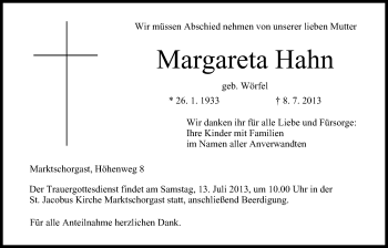 Anzeige von Margareta Hahn von MGO