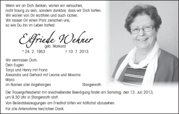 Anzeige von Elfriede Wehner von MGO