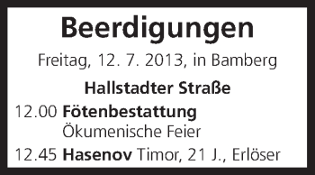 Anzeige von Beerdigungen vom 12.07.2013 von MGO