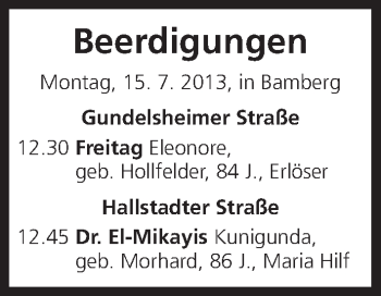 Anzeige von Beerdigungen vom 15.07.2013 von MGO