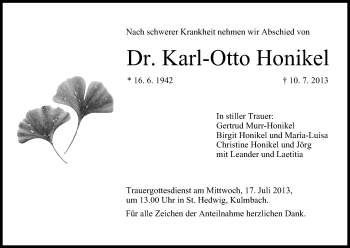 Anzeige von Karl-Otto Honikel von MGO