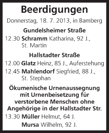 Anzeige von Beerdigungen vom 18.07.2013 von MGO