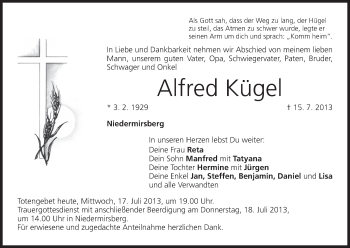 Anzeige von Alfred Kügel von MGO