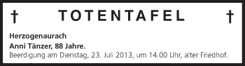 Anzeige von Totentafel vom 19.07.2013 von MGO