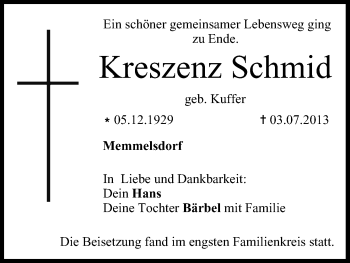 Anzeige von Kreszenz Schmid von MGO