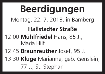 Anzeige von Beerdigungen vom 22.07.2013 von MGO