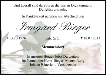 Anzeige von Irmgard Bieger von MGO