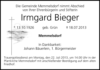 Anzeige von Irmgard Bieger von MGO